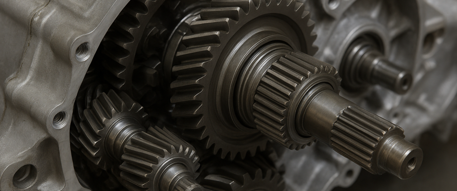 Close-up of gears in a vehicle transmission.