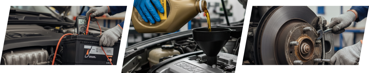 Close-up views of automotive maintenance being performed, battery replacement, oil change, and brakes.
