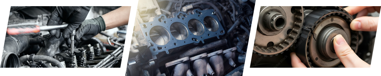 Various engine components being worked on.